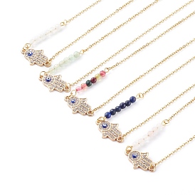 Alloy Rhinestone Hamsa Hand Pendant Necklaces, with Enamel, Natural Gemstone Beads and 304 Stainless Steel Cable Chains