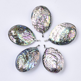 Double-Sided Natural Abalone Shell/Paua Shell Pendants, with Platinum Plated Random Brass Pendant Bails, Oval