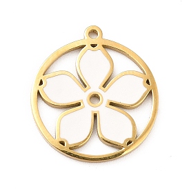 Ion Plating(IP) 304 Stainless Steel Enamel Pendants, Flat Round with Flower Pattern