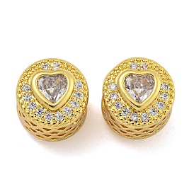 Rack Plating Brass Micro Pave Cubic Zirconia Beads, Long-Lasting Plated, Cadmium Free & Lead Free, Column with Heart