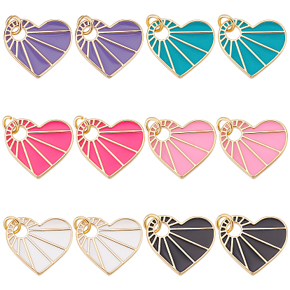 12 piezas 6 colgantes de esmalte de latón chapado en estante de colores, con anillo de salto, larga duración plateado, corazón, real 18 k chapado en oro