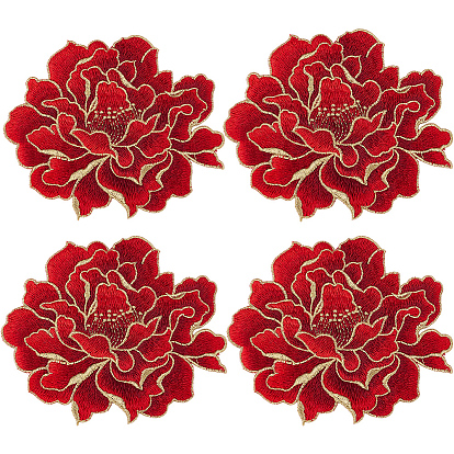 4Pcs Peony Polyester Embroidery Sew On Patches, Cloth Appliques