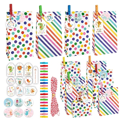 Paper Bags Sets, No Handle, with Stickers, Tags, Wood Clips, Cotton Rope
