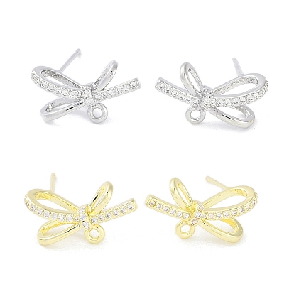 Левая и правая фурнитура для сережек-гвоздиков из латуни с прозрачным кубическим цирконием, без кадмия, без никеля и без свинца, с петлей, бантом