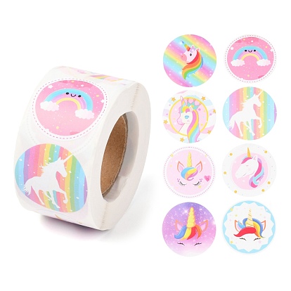 8 Styles Unicorn Paper Stickers, Self Adhesive Roll Sticker Labels, for Envelopes, Bubble Mailers and Bags, Flat Round