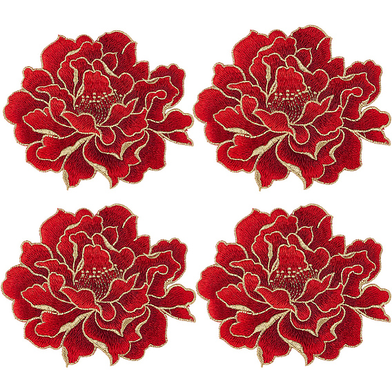 4Pcs Peony Polyester Embroidery Sew On Patches, Cloth Appliques