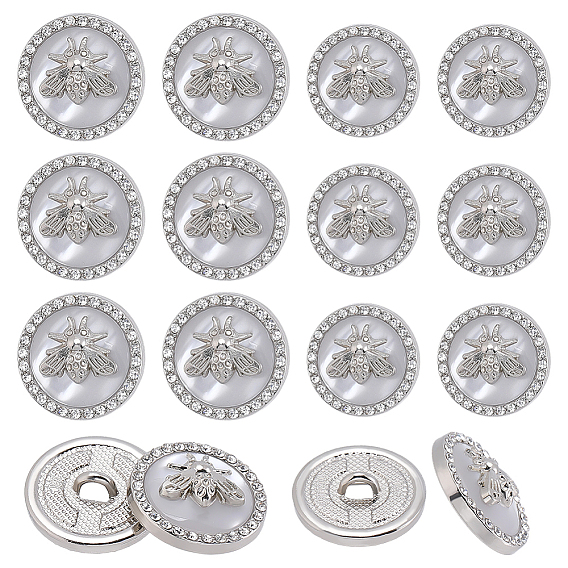 14Pcs 2 Styles Resin Shank Buttons, with Alloy Rhinestone Findings, Flat Round with Bees, 1-Hole