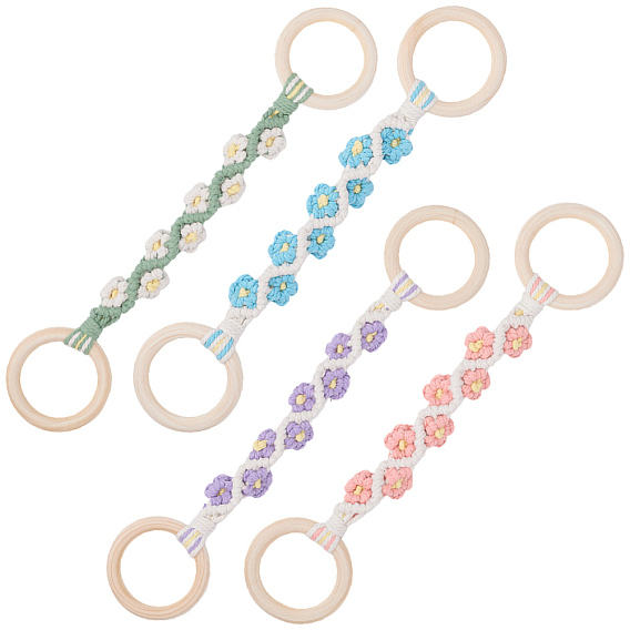 4 шт. 4 вешалка для полотенец из хлопчатобумажной нити, цвет ромашка, с деревянными кольцами-крючками