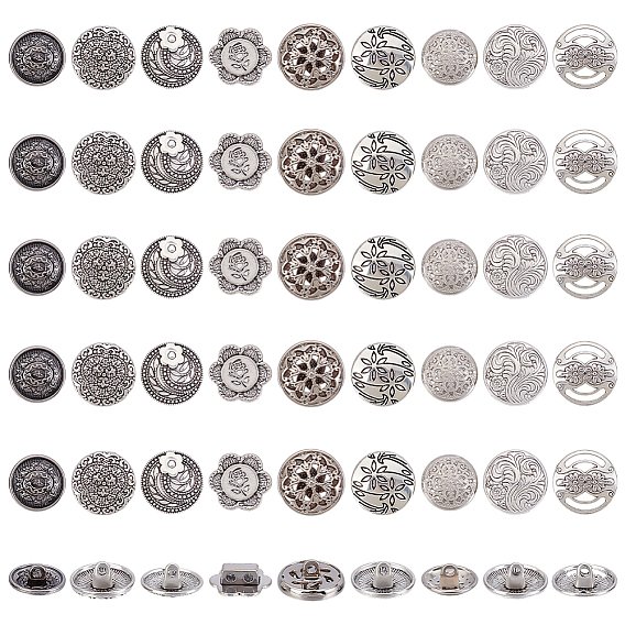 54 шт. 9 стили пуговицы из цинкового сплава с хвостовиком, 1-луночное, плоско-круглые