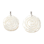 Natural White Shell Pendants, Flower Rose Charms, with Brass Snap on Bails, Cadmium Free & Lead Free