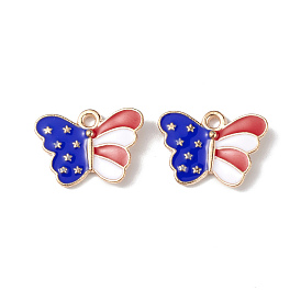 American Flag Style Alloy Enamel Pendants, Light Gold, Butterfly with Star Charm