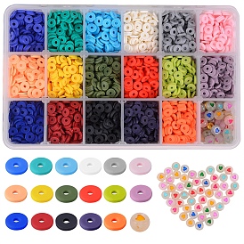 173.4g 17 Colors Handmade Polymer Clay Beads, Heishi Beads, with 30Pcs Brass Flat Round Spacer Beads, 30Pcs Brass Round Beads, 50Pcs Flat Round with Heart Acrylic Beads