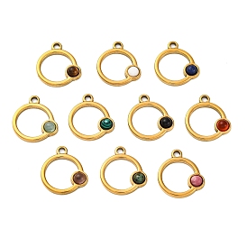 Natural Mixed Stone Pendants, Ion Plating(IP) 304 Stainless Steel Ring Charms, Real 18K Gold Plated, Mixed Dyed and Undyed