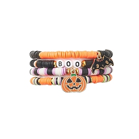 4Pcs 4 Style Polymer Clay Heishi Surfer Stretch Bracelets Set, Pumpkin & Bat & Word Alloy Enamel Charms Stackable Bracelets for Halloween