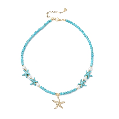 304 подвеска в виде морской звезды из нержавеющей стали, ожерелье из круглых бусин из стеклянного жемчуга и синтетической бирюзы, реальный 18 k позолоченный
