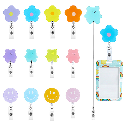 12 pièces 12 styles enrouleur de badge rétractable en acrylique, détenteurs de la carte, avec les accessoires en métal, fleur et ours et rond plat avec visage souriant