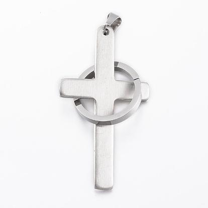304 Stainless Steel Big Pendants, Cross with Rings and Words