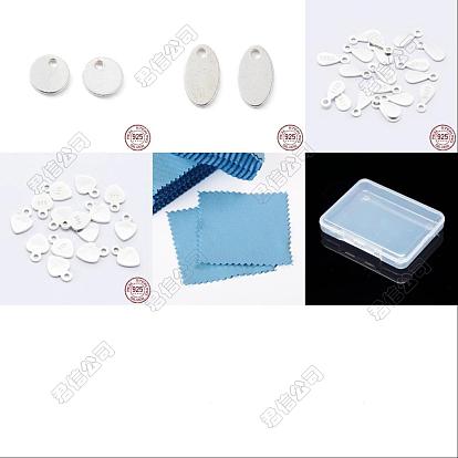 32Pcs 4 Styles 925 Sterling Silver Charms, Blank Charms, with Suede Fabric Square Silver Polishing Cloth