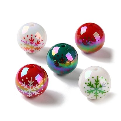 Christmas UV Plating Opaque Acrylic Beads, Iridescent, Round with Snowflake Pattern