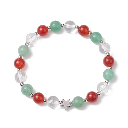 8mm Round Natural Green Aventurine & Carnelian & Quartz Crystal Beaded Stretch Bracelets, Star Brass Bracelets for Women