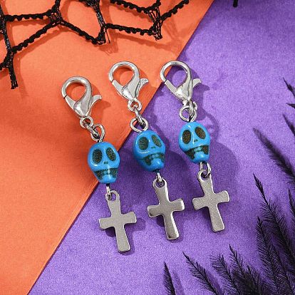 Украшения с подвесками в виде черепа из синтетической бирюзы, с застежками-лобстерами и 304 подвесками-крестиками из нержавеющей стали