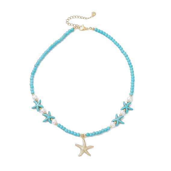 304 подвеска в виде морской звезды из нержавеющей стали, ожерелье из круглых бусин из стеклянного жемчуга и синтетической бирюзы, реальный 18 k позолоченный