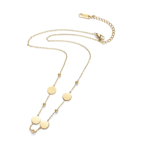 304 Stainless Steel Chain Necklaces, with Cable Chains and Round Beads, Flat Round