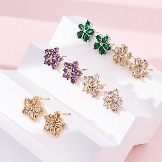 Цветочные латунные серьги-гвоздики с кубическим цирконием для женщин, без кадмия и без свинца, долговечный, стойки покрытие, золотые