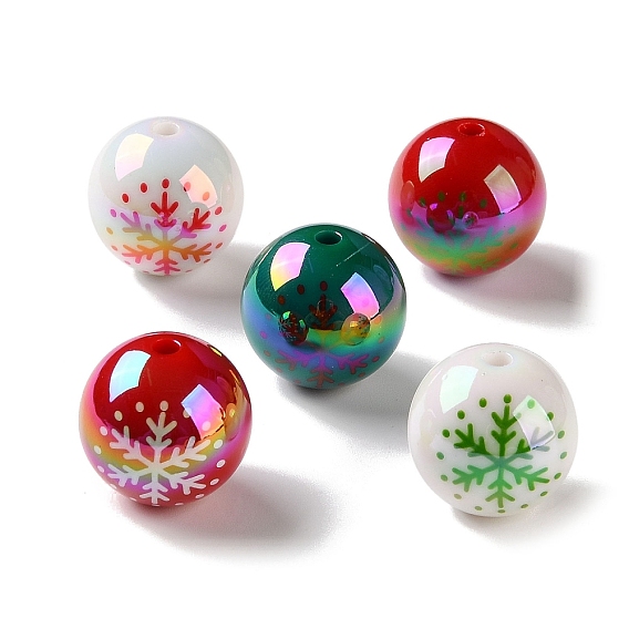 Christmas UV Plating Opaque Acrylic Beads, Iridescent, Round with Snowflake Pattern