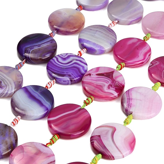 Colliers de perles en agate rubanée naturelle, teints et chauffée, plat rond