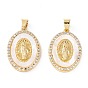 Brass Micro Pave Clear Cubic Zirconia Pendants, Long-Lasting Plated, Oval with Virgin Mary