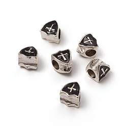 Antique Silver Plated Alloy European Beads, Large Hole Beads, with Enamel, Shield with Cross