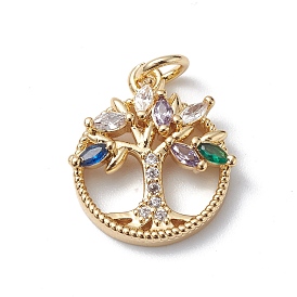 Brass Micro Pave Cubic Zirconia Pendants, Cadmium Free & Lead Free, Real 18K Gold Plated, Long-Lasting Plated, with Jump Ring, Ring with Tree Charm