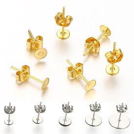 Iron Stud Earring Findings, Flat Round Earring Pads with Butterfly Earring Back
