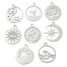 304 Stainless Steel Pendants, Laser Cut, Stainless Steel Color, Flat Round Charm