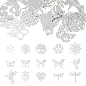 15Pcs 15 Styles 201 Stainless Steel Links Connector Charms, Sun Links, Etched Metal Embellishments, Butterfly Bird Owl Flower, Mixed Shapes, Non-Tarnish