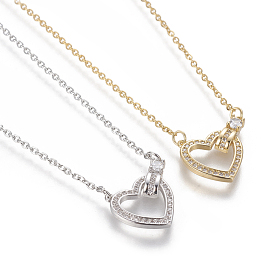 Brass Micro Pave Cubic Zirconia Pendant Necklaces, with 304 Stainless Steel Cable Chains and Lobster Claw Clasps, Heart, Clear