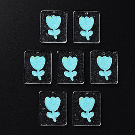 Cellulose Acetate(Resin) Pendants, with Glitter Powder, Rectangle with tulip