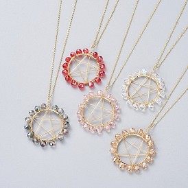 Pendant Necklaces, with Golden Plated Brass Cable Chain & Linking Rings, Glass Beads, Copper Wire and Cardboard Boxes