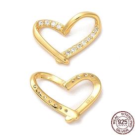 925 Sterling Silver Linking Rings, Micro Pave Cubic Zirconia, with 925 Stamp, Asymmetrical Heart
