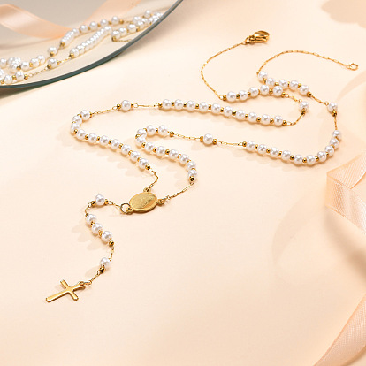 Золотые ожерелья из четок из нержавеющей стали и пластика с имитацией жемчуга, крестик