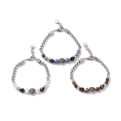 Natursteinarmband aus gemischten Steinen mit Löwen für Mädchen und Frauen, antikem Silber und Edelstahl Farbe