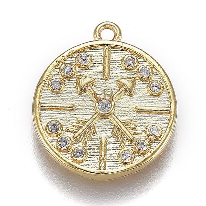 Brass Micro Pave Clear Cubic Zirconia Pendants, Long-Lasting Plated, Flat Round with Clock