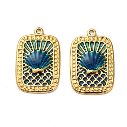 304 подвески из нержавеющей стали, прямоугольник в форме ракушки, с эмалью, реальный 18 k позолоченный, ионное покрытие (ip)