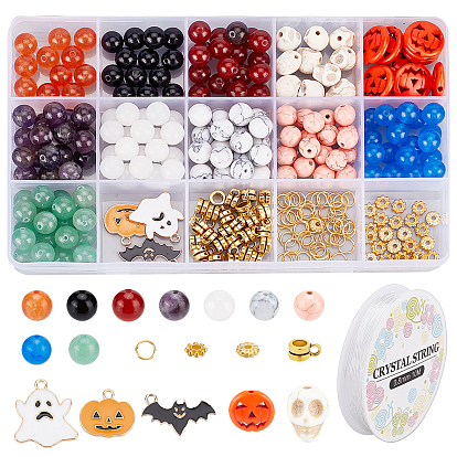 DIY Halloween Gemstone Bracelet Necklace Making Kit, Including Round & Lantern Jack & Skull Stone Beads, Pumpkin Jack & Ghost & Bat Alloy Pendants