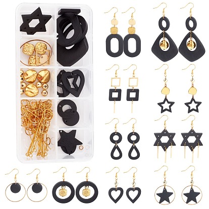 DIY Black Themed Earring Making Kits, Including Wood Pendants & Links, Metal Links & Pendants & Beads & Earring Hooks