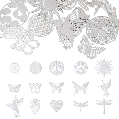 15Pcs 15 Styles 201 Stainless Steel Links Connector Charms, Sun Links, Etched Metal Embellishments, Butterfly Bird Owl Flower, Mixed Shapes, Non-Tarnish