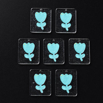 Cellulose Acetate(Resin) Pendants, with Glitter Powder, Rectangle with tulip