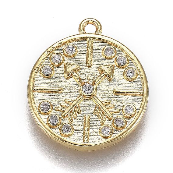 Brass Micro Pave Clear Cubic Zirconia Pendants, Long-Lasting Plated, Flat Round with Clock