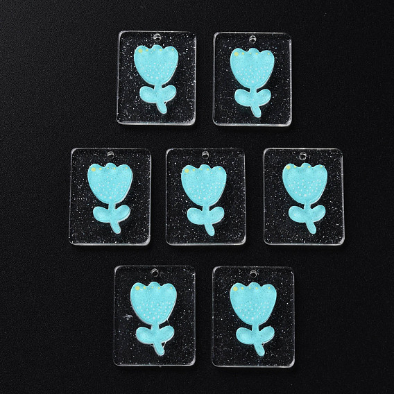 Cellulose Acetate(Resin) Pendants, with Glitter Powder, Rectangle with tulip